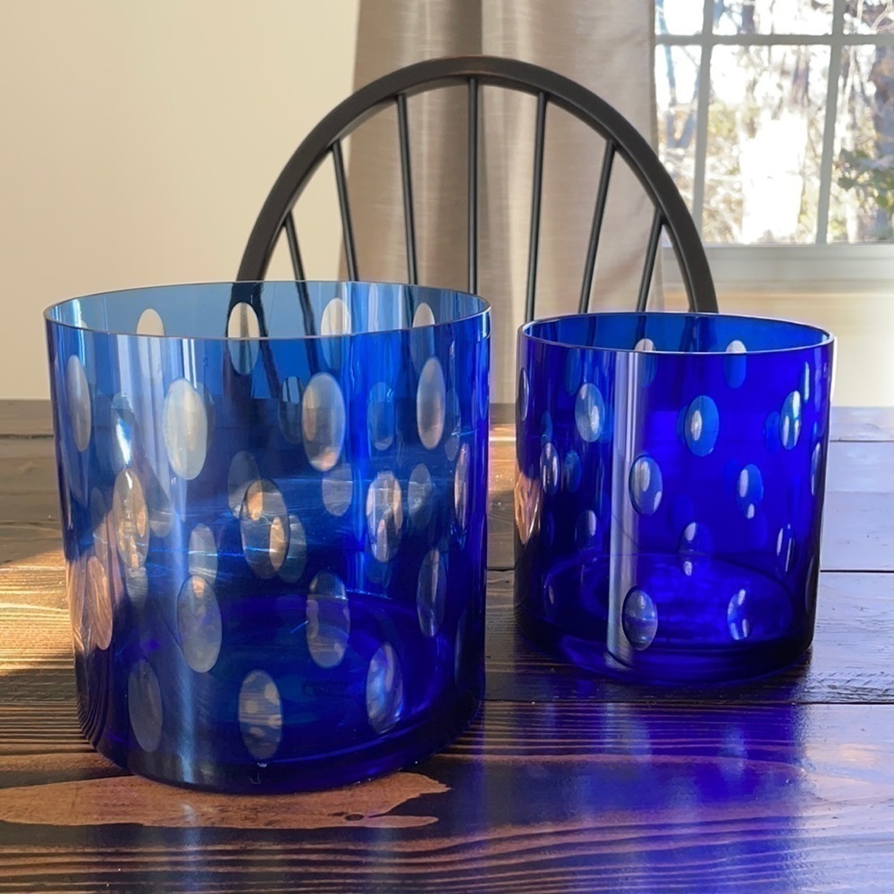 VTG Cut Clear Cobalt Blue Flat Bottom Vases  For Pair- Different Sizes